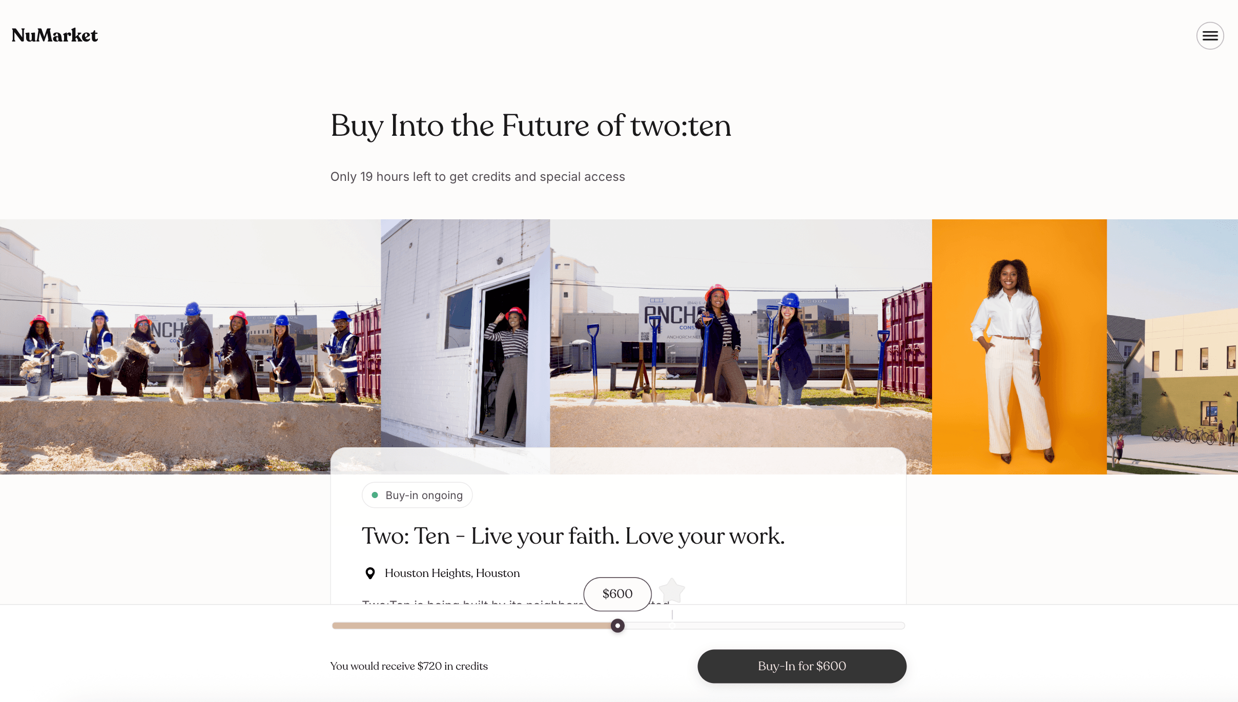 The live business page — first glance, showing the sticky join-amount slider.