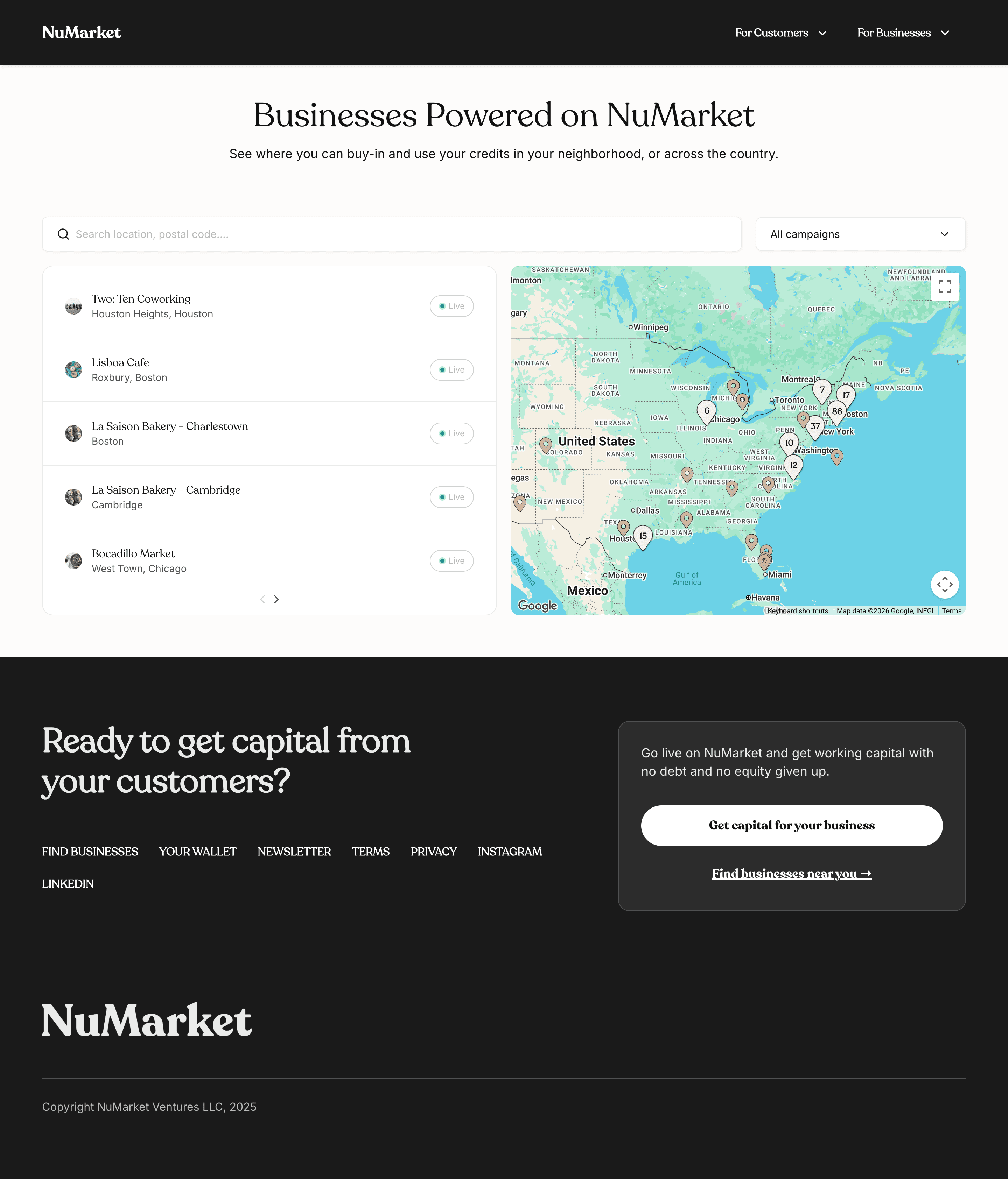 The Map page: split view of the live business list and the pin-clustered US map.
