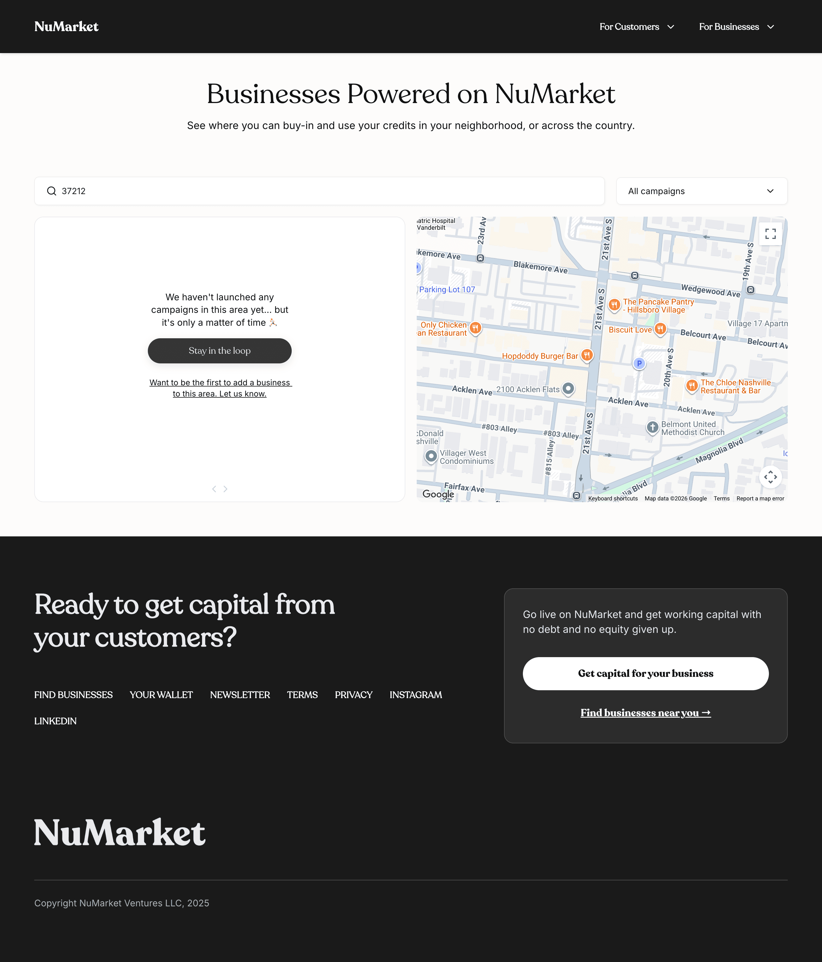 The zero-results map state on its own — an empty search result with no nearby businesses.