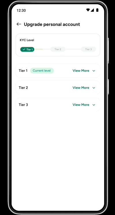 The "Upgrade personal account" screen showing Tier 1/2/3 with expandable "View More" rows.