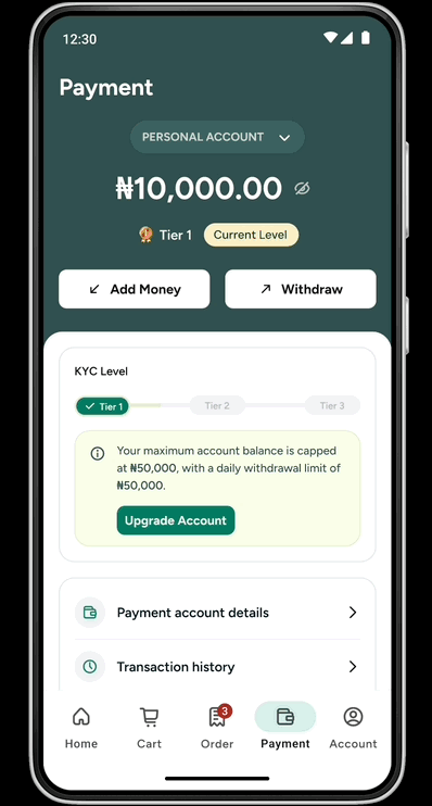 The "Withdrawal account" screen (bank selection, account number entry, confirmation).
