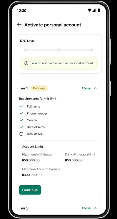 The "Activate personal account" screen showing the tiered KYC verification form (Tier 1 fields, identity/BVN inputs, Continue button).
