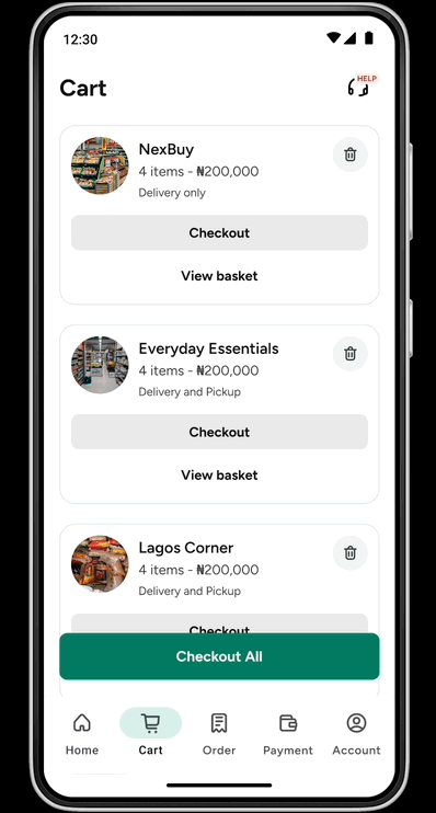 The cart/checkout screen showing multiple seller line items with a "Checkout All" action.